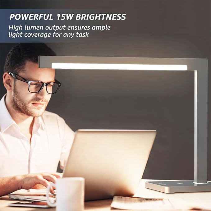 Aluminum LED Desk Lamp with Charging Station, 15W Smart Table Lamp with Type-C Ports & 4 Color Temperature Modes(3000K-6000K), Dimmable Reading Light for Home Office,Bedroom (Includes Adapter)