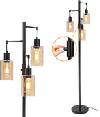 Farmhouse Floor Lamp, Dimmable Floor Lamp for Living Room, Rustic 3 Lights Oil Rubbed Bronze Tree Standing lamp, Vintage Tall Pole Lamp with Amber Glass Shade