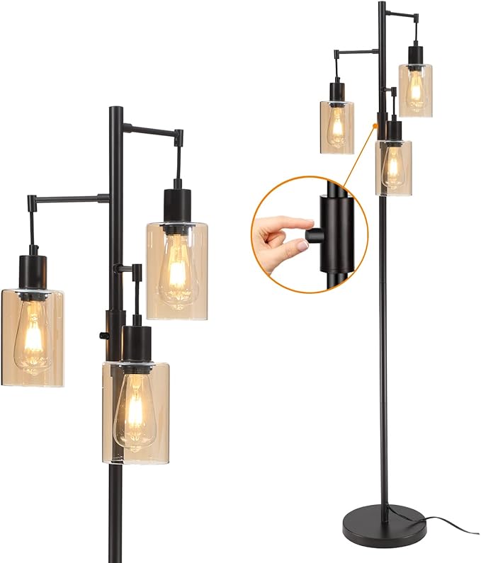 Farmhouse Floor Lamp, Dimmable Floor Lamp for Living Room, Rustic 3 Lights Oil Rubbed Bronze Tree Standing lamp, Vintage Tall Pole Lamp with Amber Glass Shade