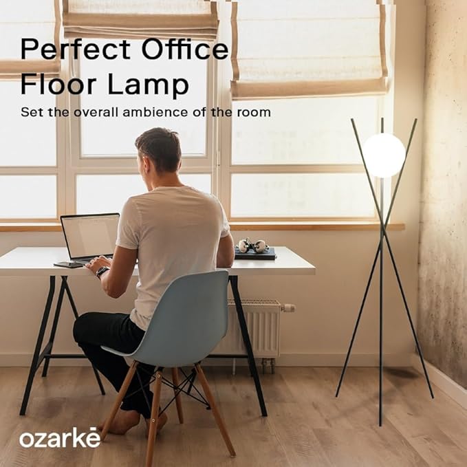 Ozarke Solstice Modern Frosted Glass Globe Floor Lamp (165cm) Contemporary LED Dimmable Lighting for Bedroom, Living Room, Hotel & Home Office (Black)