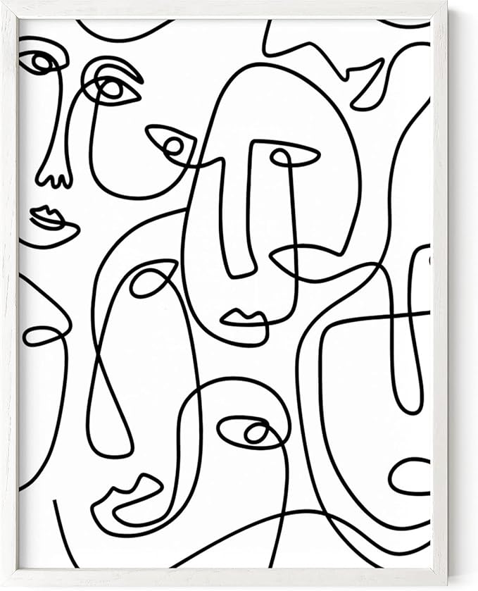Abstract Face Pattern Wall Art Collage of Modern Faces Continuous Line Drawing 12x16 Inch Oak Wood White Framed Artistic Aesthetic Print for Living Room