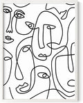 Abstract Face Pattern Wall Art Collage of Modern Faces Continuous Line Drawing 12x16 Inch Oak Wood White Framed Artistic Aesthetic Print for Living Room