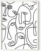Abstract Face Pattern Wall Art Collage of Modern Faces Continuous Line Drawing 12x16 Inch Oak Wood White Framed Artistic Aesthetic Print for Living Room