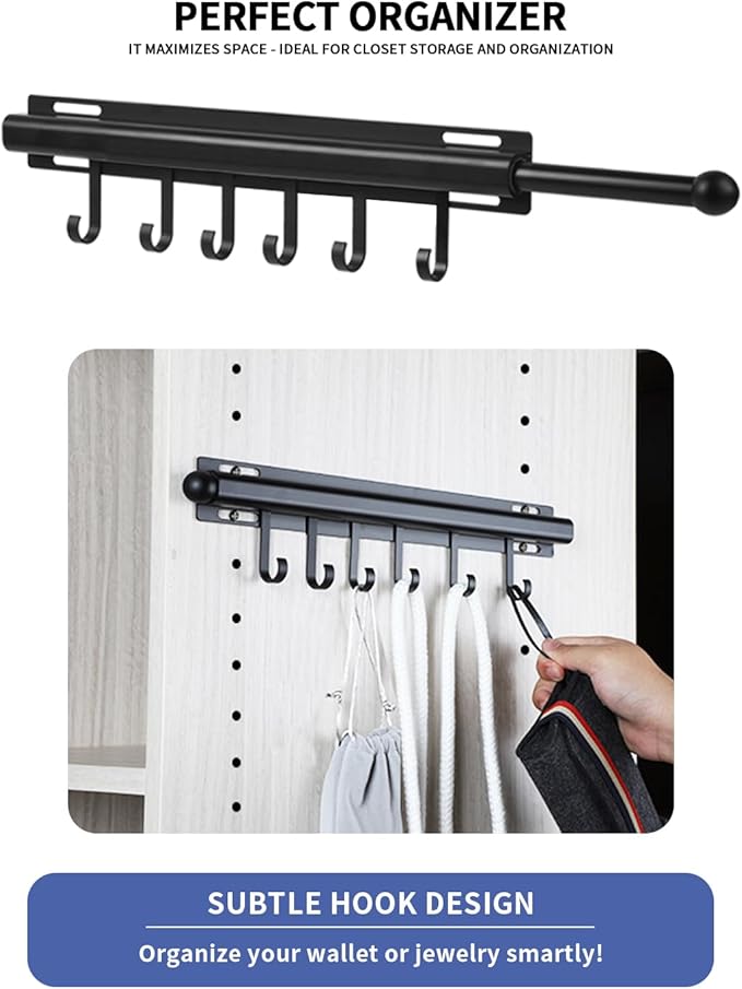 Valet Rod for Closets Pull Out Closet Valet Rod Slide Out Extra long 16.5 inch Black Valet Rods for Closets With 6 Hooks