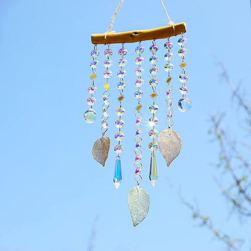 13.1 Inch Crystal Suncatcher with Natural Wood & Leaf Charms - Colorful Hanging Window Ornament for Christmas Tree