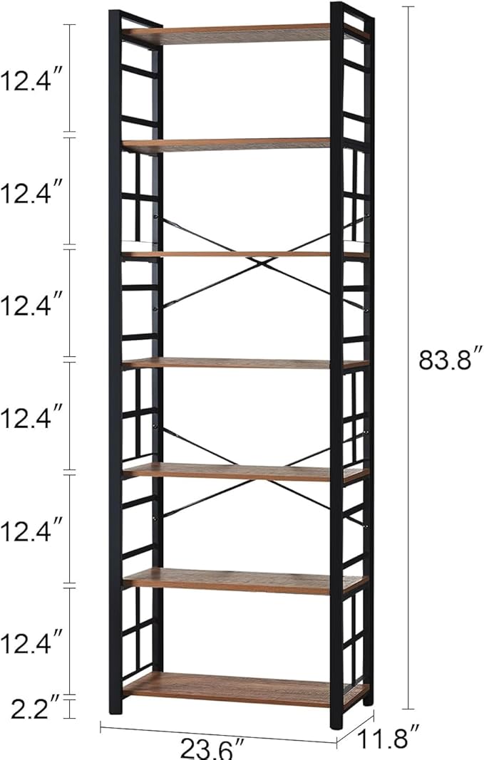 HOMBAZAAR 7 Tier Bookshelf,84 inch Tall Industrial Bookcase with Metal Frame and Open Shelves,Rustic Heavy Duty 7 Shelf Bookcase, Office Book Shelves for Living Room and Bedroom,Brown