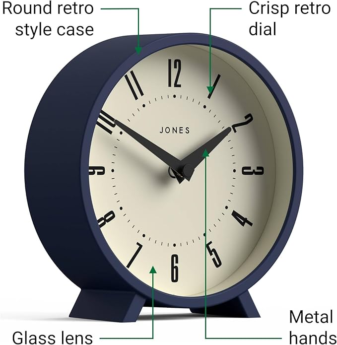 JONES CLOCKS® Venus Desk Clock | Modern Round Design | Blue | Stylish Retro Look for Shelf, Table, Mantel or Bedside