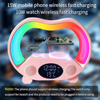 IHAO 6in1 Wireless Charging Station with Bluetooth Speaker Time&Temperature Display Alarm Clock 7-Color LED Night Lights Fast Charger for Phone, Apple Watch, Earbuds Remote Control Auto Shutoff-Pink