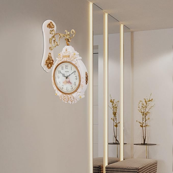 Cream Double Sided Large Wall Clock, Elegant, Traditional, Vintage Style 360° Rotating Metal Wall Clock, Indoor Outdoor Office Living Room Porch Clock Wall Decor (Cream Double Sided Clock)