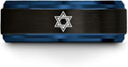 Mezuzah star Of David Ring - Gift for Jewish Family - Flat Dome Bevel - 8mm - Men Women - Yellow Gold Black Silver Blue - Anniversary Wedding - Personalized Custom Engraving - Band - Brushed Polished