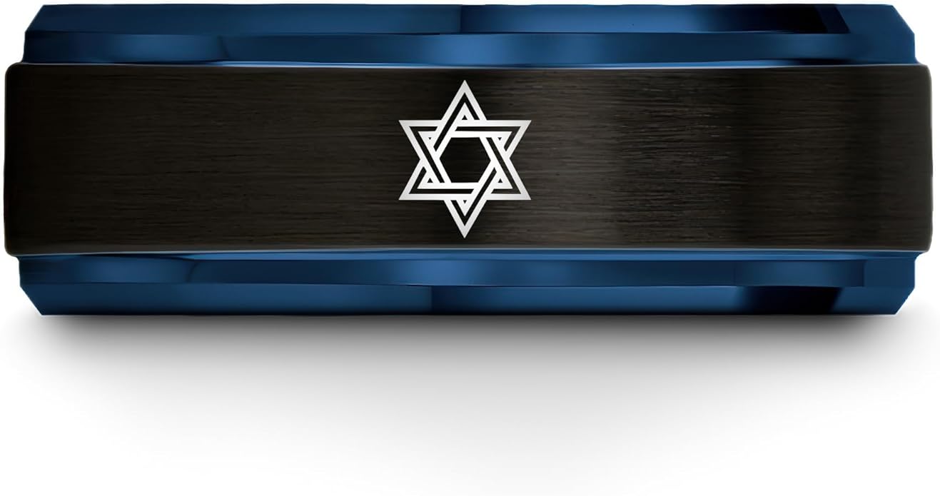 Mezuzah star Of David Ring - Gift for Jewish Family - Flat Dome Bevel - 8mm - Men Women - Yellow Gold Black Silver Blue - Anniversary Wedding - Personalized Custom Engraving - Band - Brushed Polished
