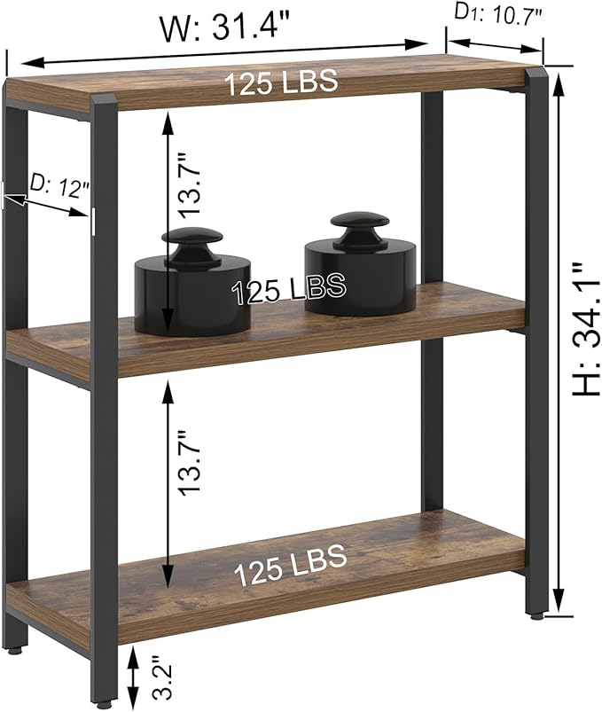 EXCEFUR Small Bookshelf, 3 Tier Short Low Book Shelf, Modern Metal and Wood Standing Etagere Bookcase for Home Office Living Room Bedroom, Rustic Brown