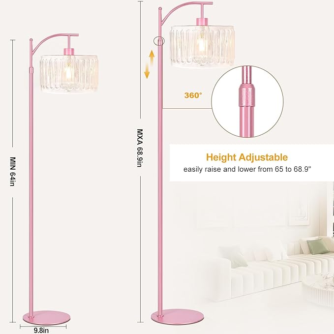 Pink Floor Lamp for Living Room,Bedroom,Gold Dimmable Standing Lamp with Remote,Mid Century Modern Brass Tall Lamp Boho Floor Lamps Arc Stained Glass Flower Floor Light Lamp Girls kids Bohemian