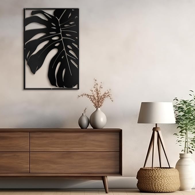 SIGNLEADER Metal Wall Art Decor Monstera Leaf Minimalist Modern Abstract Wall Sculpture Hangings Home Decoration for Living Room, Bedroom, Bathroom, Kitchen, Outdoor - 18" Black