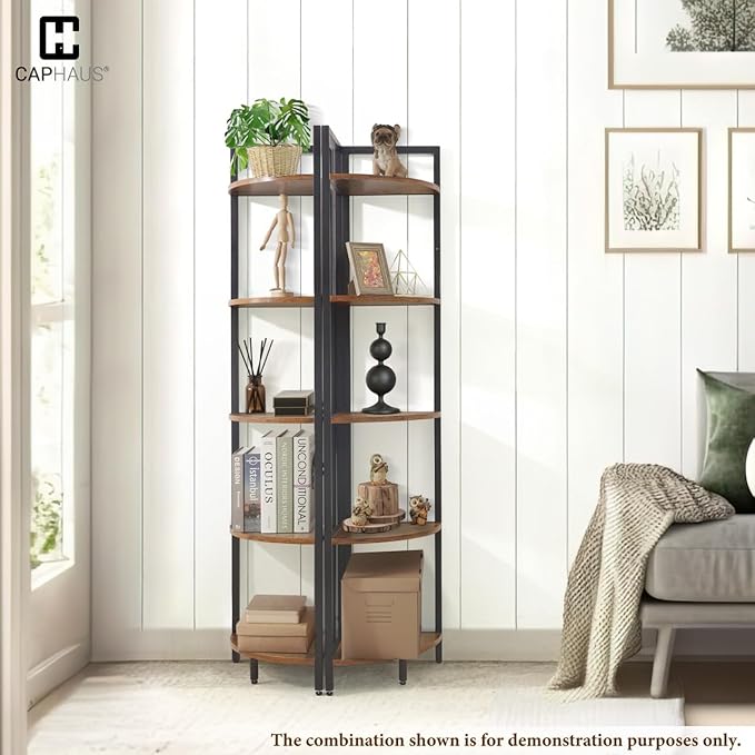 CAPHAUS 5 Tier Corner Shelf, 59.1-Inch Tall Bookshelf, Display Rack With Metal Frame, Round Shelf Unit, Stand for Bathroom, Living Room, Home, Office, Rustic Oak