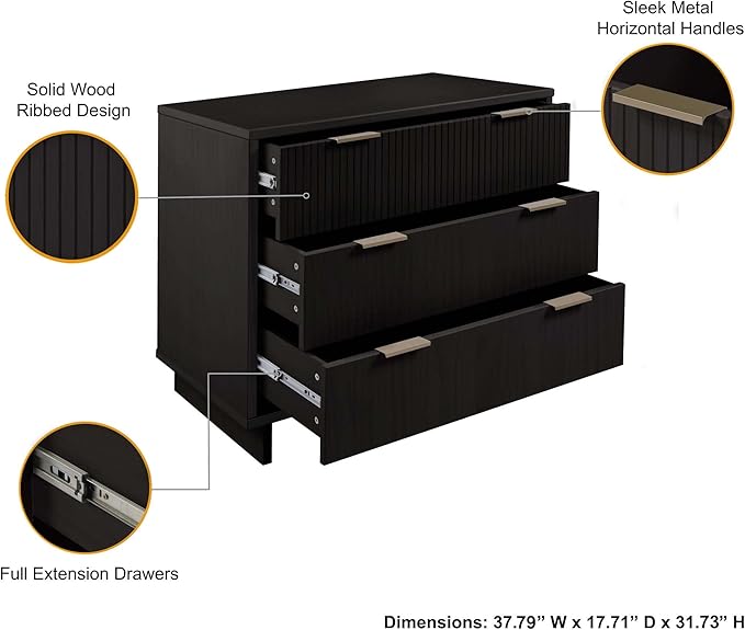 Manhattan Comfort Granville 38-Inch Solid Wood Dresser with 3 Full Extension Soft Close Drawers, Fluted Ribbed Front with Gold Metal Handles for Bedroom, Living Room, Dorm, Nursery in Black