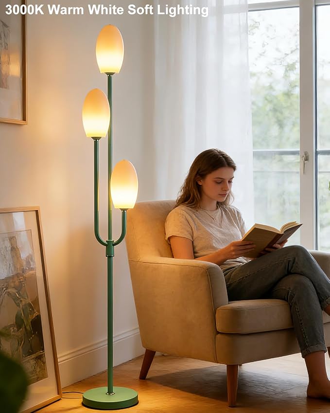 Lightdot 66IN Dimmable Floor Lamp 3-Lights Vintage Floor Lamps with Pebble-Shaped Shade& 3000K Warm White Bulbs for Wedding Party Modern Standing Tall Lamp for Living Room/Bedroom-Green