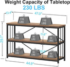 IBF 3 Tier Bookshelf Storage Organizer, Industrial Short Wide Open Horizontal Bookcase, Farmhouse Low Wood Metal Book Shelf for Office, Modern Vintage Etagere in Bedroom Living Room, Rustic Oak, 47 In