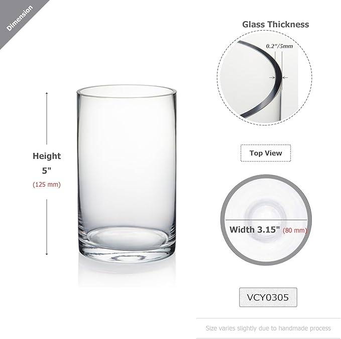 WGVI Quality Thick Clear Cylinder Glass Vase, 3" W x 5" H, Floral Container, Glass Candle Holder, Flower Vases, Wedding Centerpiece, Table Top Home Décor Accent, in Bulk Wholesale, 18 Pieces