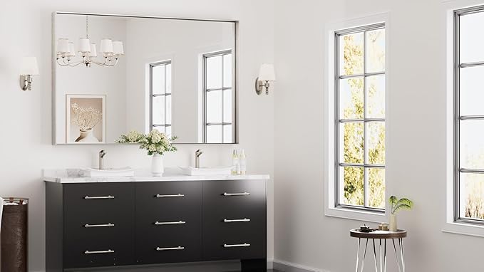 Keonjinn Brushed Nickel Bathroom Mirror 60 x 40 in Rectangle Frame Mirror for Over Sink, Rectangular Metal Framed Vanity Mirror Square Corner Aluminum Alloy Modern Silver Mirror(Horizontal/Vertical)