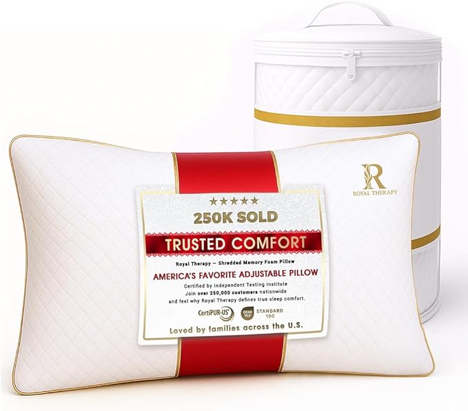 Royal Therapy King Memory Foam Pillows - Shredded Memory Foam Pillow for All Sleep Positions - Medium Firm Pillow with Adjustable Loft - Bamboo-Derived Rayon Cover - CertiPUR-US & Oeko-TEX Certified