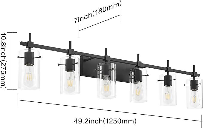 SOLFART Black Vanity Light fixtures 49.2 inch 6 Lights Wall Light Fixtures Above Mirror for Bathroom with Glass Shade (Exclude Bulb)