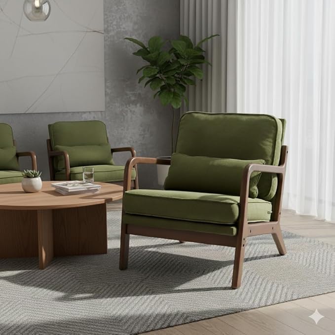 Simple Deluxe Mid-Century Modern Wood Accent Chair & Cozy Reading Chair, Upholstered Living Room Chair with Waist Cushion, Solid Wood Chair with Pillow for Bedroom, Green