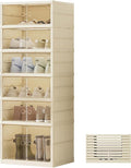 6Tier Foldable Shoe Rack Organizer for Closet,12Pairs Collapsible Plastic Shoe Shelf,Large Shoes Cabinet with Door,Clear Stackable Storage Box Easy Assembly,for Living Room (6Tier12Pairs Cream White)