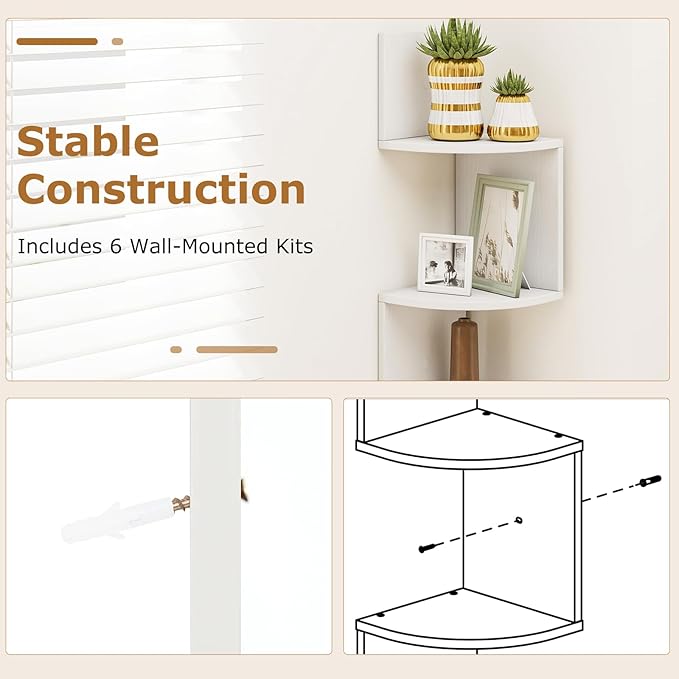 Tangkula 5-Tier Corner Shelf Wall Mount, Farmhouse Floating Corner Bookshelf, Industrial Modern Display Shelf Stand, Wooden Storage Organizer for Living Room Home Office (2, White)