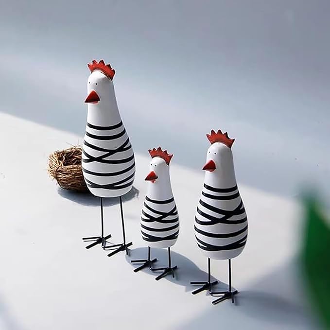 3PCS Wood Chicken Rooster Decor Figurines Set Farmhouse Rustic Home Office Decor