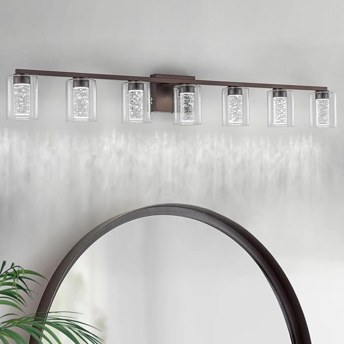 SineRise 7-Light Bronze Vanity Light with 3 Color Modes (3000K/4000K/6000K), Eye Protection LED Bathroom Light Fixture, Dimmable Modern Wall Light Over Mirror with Clear Glass Shade