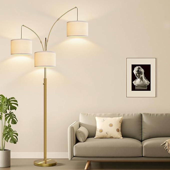 Nintiue Dimmable Floor Lamp - 3 Lights Brass Floor Lamps for Living Room Linen White Shades & Heavy Base, Mid Century Tree Floor Lamp for Bedroom Office, 3 LED Bulbs Included