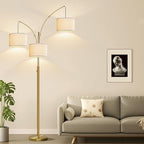 Nintiue Dimmable Floor Lamp - 3 Lights Brass Floor Lamps for Living Room Linen White Shades & Heavy Base, Mid Century Tree Floor Lamp for Bedroom Office, 3 LED Bulbs Included