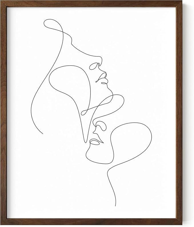 Minimalist Face to Face Wall Art Two Portraits Continuous Line Drawing 16x20 Inch Oak Wood Walnut Framed Modern Aesthetic Profile Print for Bedroom Decor