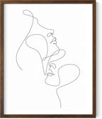 Minimalist Face to Face Wall Art Two Portraits Continuous Line Drawing 16x20 Inch Oak Wood Walnut Framed Modern Aesthetic Profile Print for Bedroom Decor