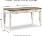 Signature Design by Ashley Realyn Farmhouse Home Office Desk, 2 Drawers, Drop-down Drawer, USB Charging, Wood, 60" W x 28" D x 31" H, Chipped White and Brown