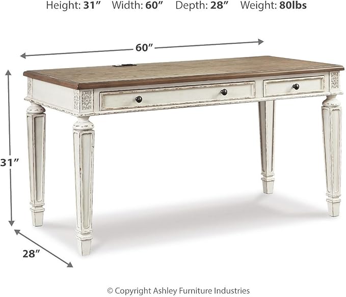Signature Design by Ashley Realyn Farmhouse Home Office Desk, 2 Drawers, Drop-down Drawer, USB Charging, Wood, 60" W x 28" D x 31" H, Chipped White and Brown