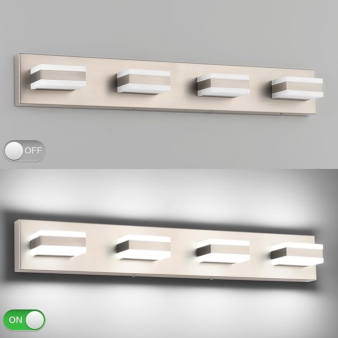 SOLFART Bathroom Light Fixtures Brushed Nickel Vanity Lights for Bathroom Above Mirror, 4 Light Led Lighting Fixture, Nickel Vanity Light,5 Color Temperature Adjustable Light Over Mirror