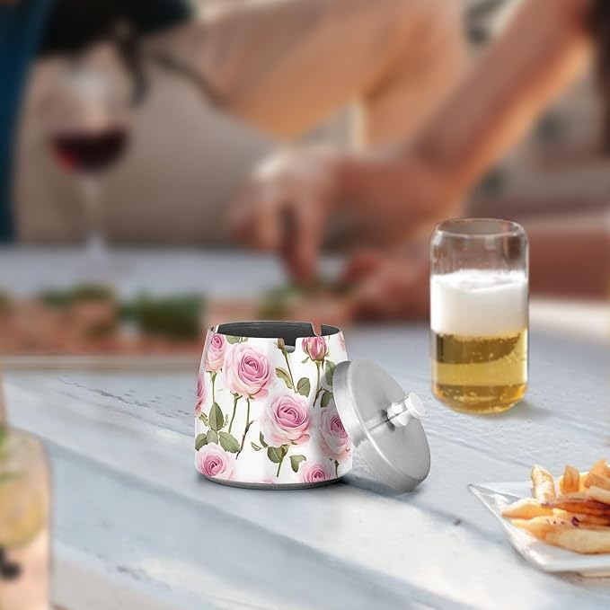 Pink Roses Leaves Vintage Ashtray with Lid, Outdoor Ashtrays for Patio, Stainless Steel Ashtray Odorless Smokeless for Home Office Balcony