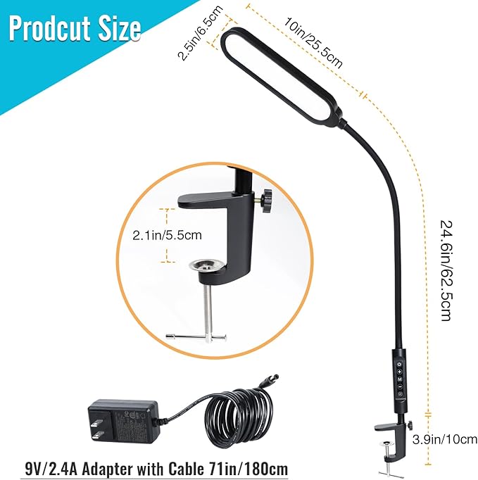 Clamp Lamp, Ultra Bright Clip on Light, CRI>95,18W, 3000 LMS, 3 Color Modes, Soft Touch Control with Timer, Eye-Caring Task Lamp with Remote for Reading, Home, Office (Adapter Included)