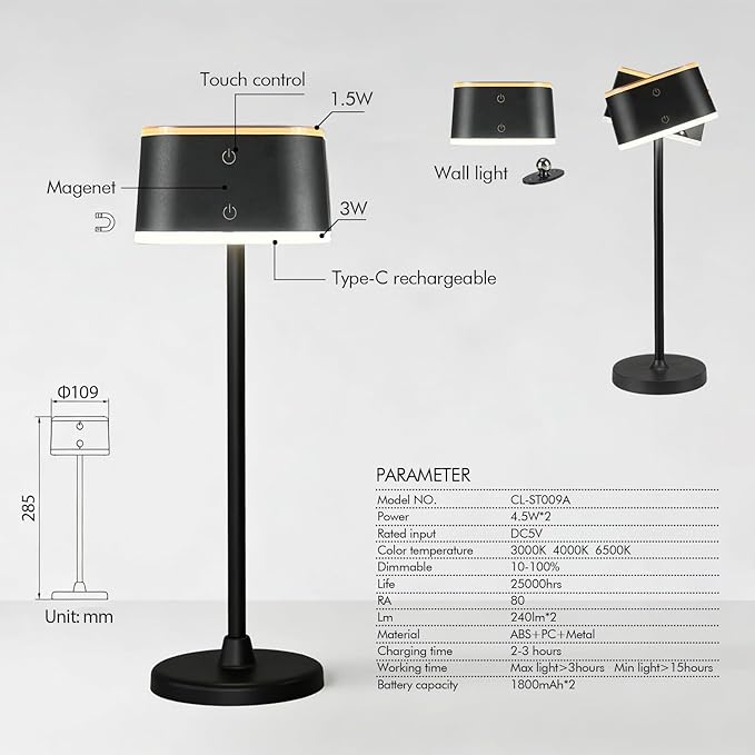 2 Pack Dual-Tone Rechargeable Cordless Desk Lamp – Black Portable Table Light, Type-C Charging Table lamp, Touch Control, 3 Color Temps, Stepless Dimming for Reading Study Bedside