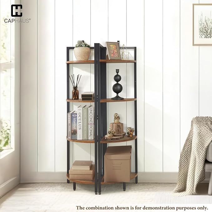 CAPHAUS 4 Tier Corner Shelf, 46.5-Inch Tall Bookshelf, Display Rack With Metal Frame, Round Shelf Unit, Small Stand for Bathroom, Living Room, Home, Office, Rustic Oak