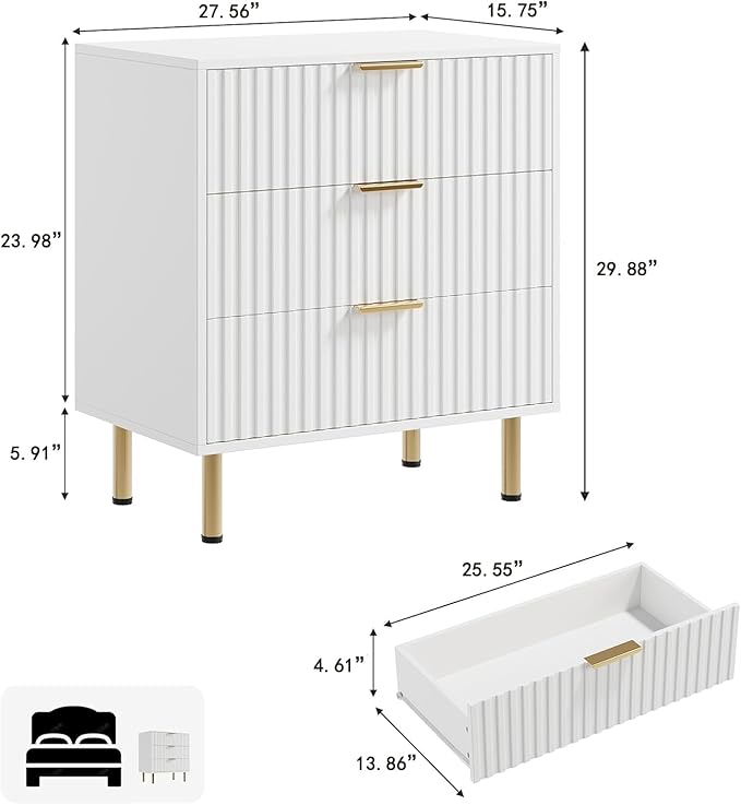 GarveeHome White 3 Drawer Dresser for Bedroom, Fluted Modern Nightstand with Deep Drawers, Chest of Drawers with Wide Top, Wooden Dresser Organizer, Side Table for Living Room, Hallway, Kids Room