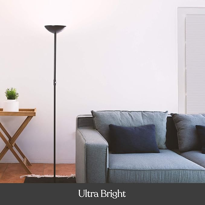 Brightech SkyLite LED Floor lamp, Torchiere Super Bright Floor Lamp for Living Rooms & Offices - 3 Way Dimmable Tall Torch Lamp, High Lumen Standing Pole Lamp for Bedroom Reading - Black