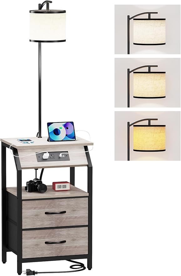End Table with Floor Lamp, Nightstand with Charging Station, Floor Lamp Table with 3-Color Temperature Bulb, Bedside Table Night Stand with 2 Drawers for Bedroom, Living Room, Greige