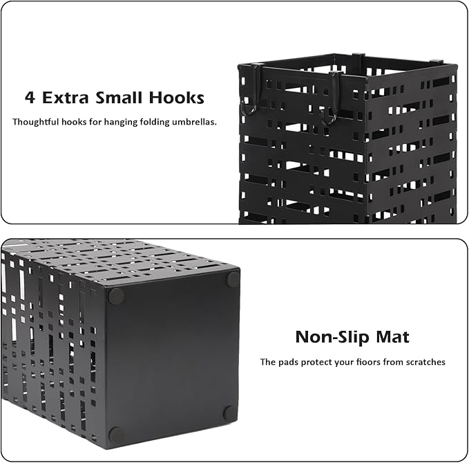 Metal Umbrella Stand ,Metal Umbrella Holder with 4 Hooks,Square Mesh Umbrella Holder for Home, Entryway, Office, Hotel & Supermarket(Black, 16.5 x 6.5 x 6.5Inch)