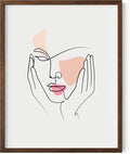 Aesthetic Face Wall Art Hands on Cheeks Continuous Line Drawing Abstract Pink Shapes 11x14 Inch Oak Wood Walnut Framed Modern Portrait for Bedroom Vanity