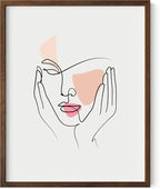 Aesthetic Face Wall Art Hands on Cheeks Continuous Line Drawing Abstract Pink Shapes 11x14 Inch Oak Wood Walnut Framed Modern Portrait for Bedroom Vanity