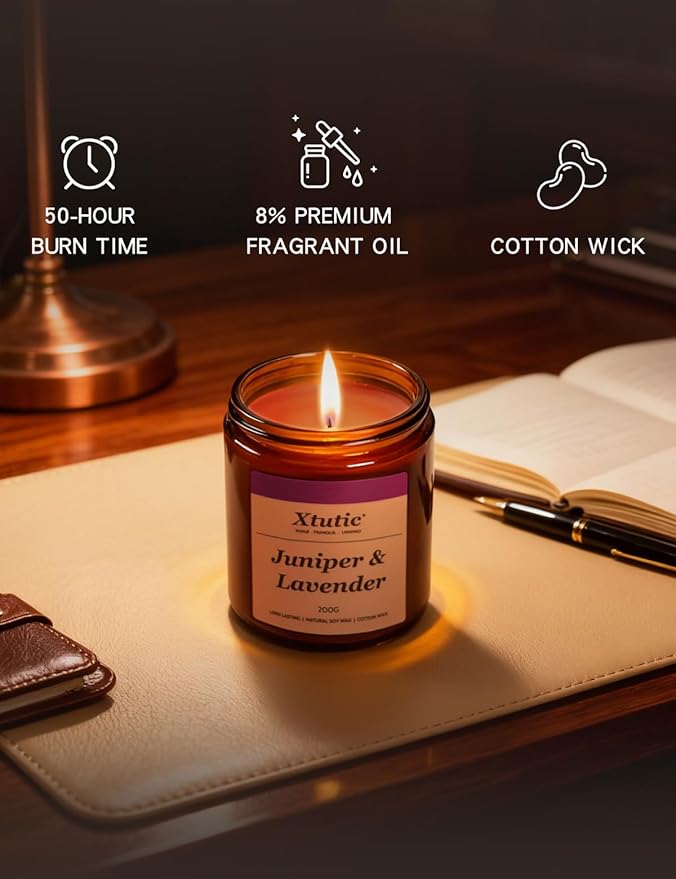 Soy Candle Gifts for Women & Men - 7oz Brown Scented Candle,50-Hour Burn Time,Aromatherapy Jar for Home Decor,Relaxing Ambiance in Bedroom & Office(Juniper Lavender)