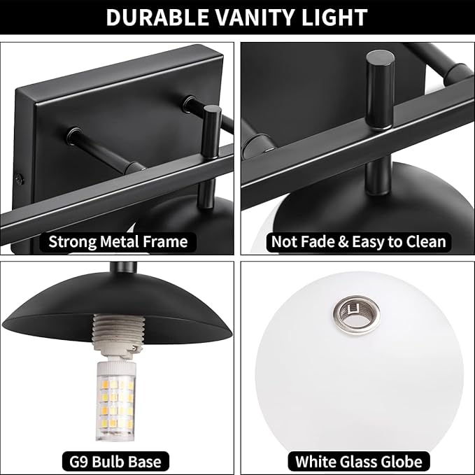 Black Bathroom Light Fixtures Over Mirror, Mid Century Modern Bathroom Vanity Light, 3 Light Globe Bathroom Lighting Fixtures with Milky Glass, Wall Light for Bathroom